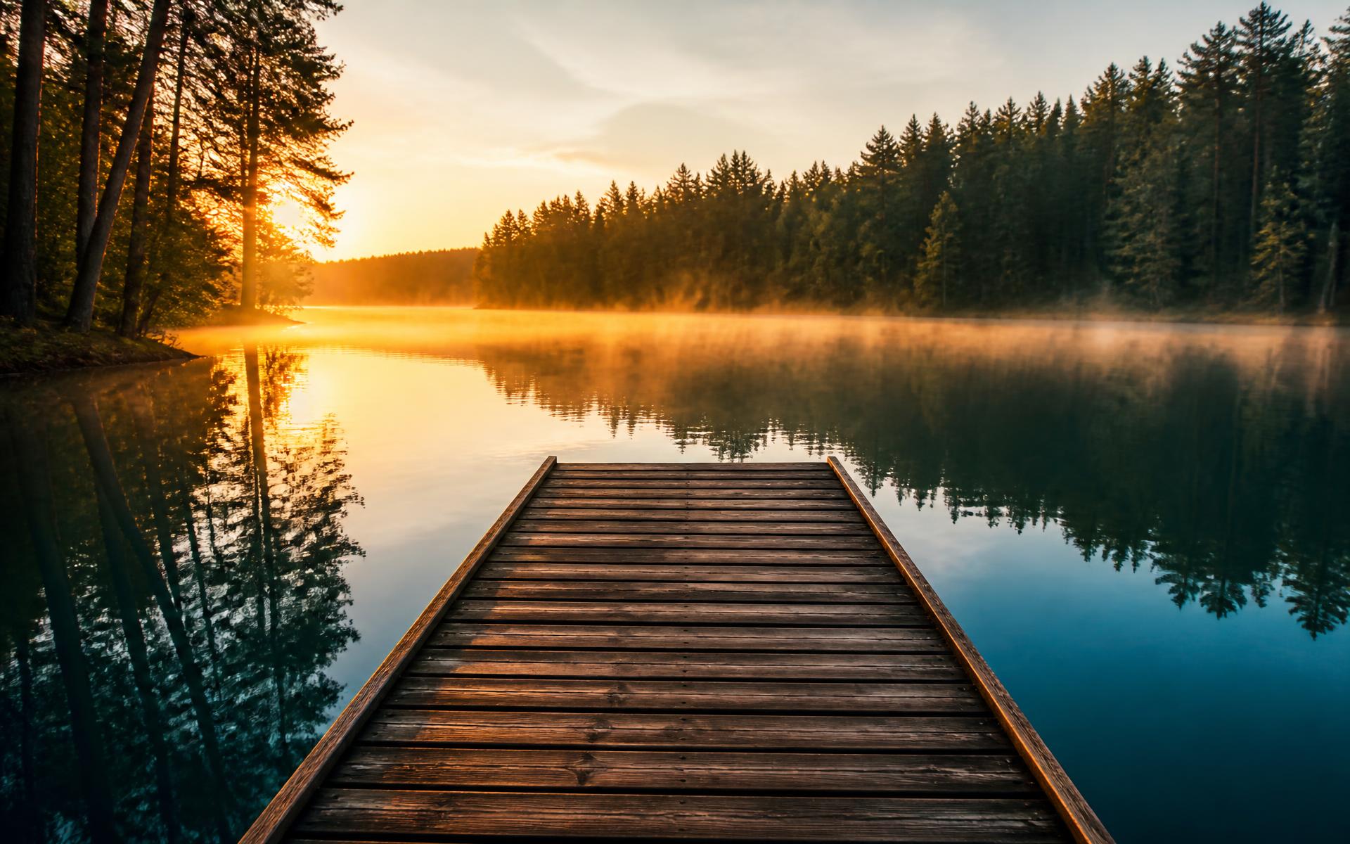 Wooden dock stretching over a still forest lake at golden hour